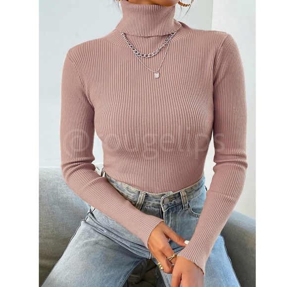 Dusty Pink Sweater Top Rib-Knit High Neck Turtleneck Long Sleeve - Picture 5 of 8